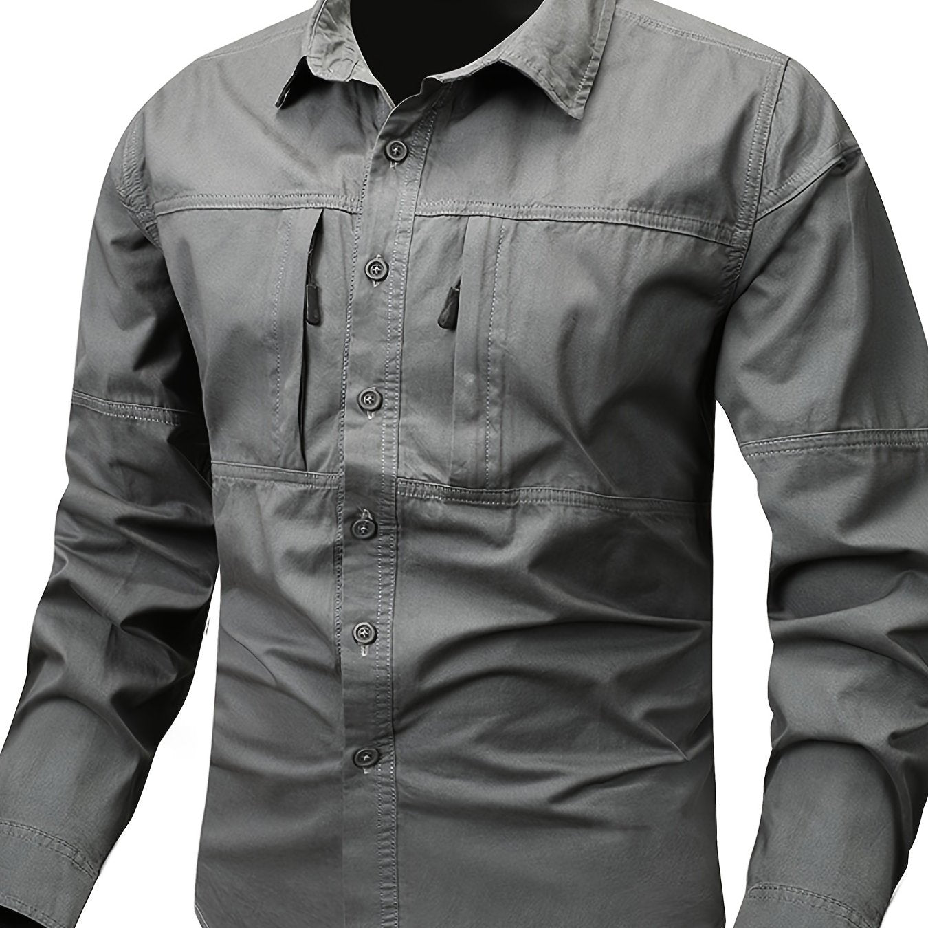 Men's cargo style shirt with unique zipper pocket design, perfect for spring and fall fashion trends.