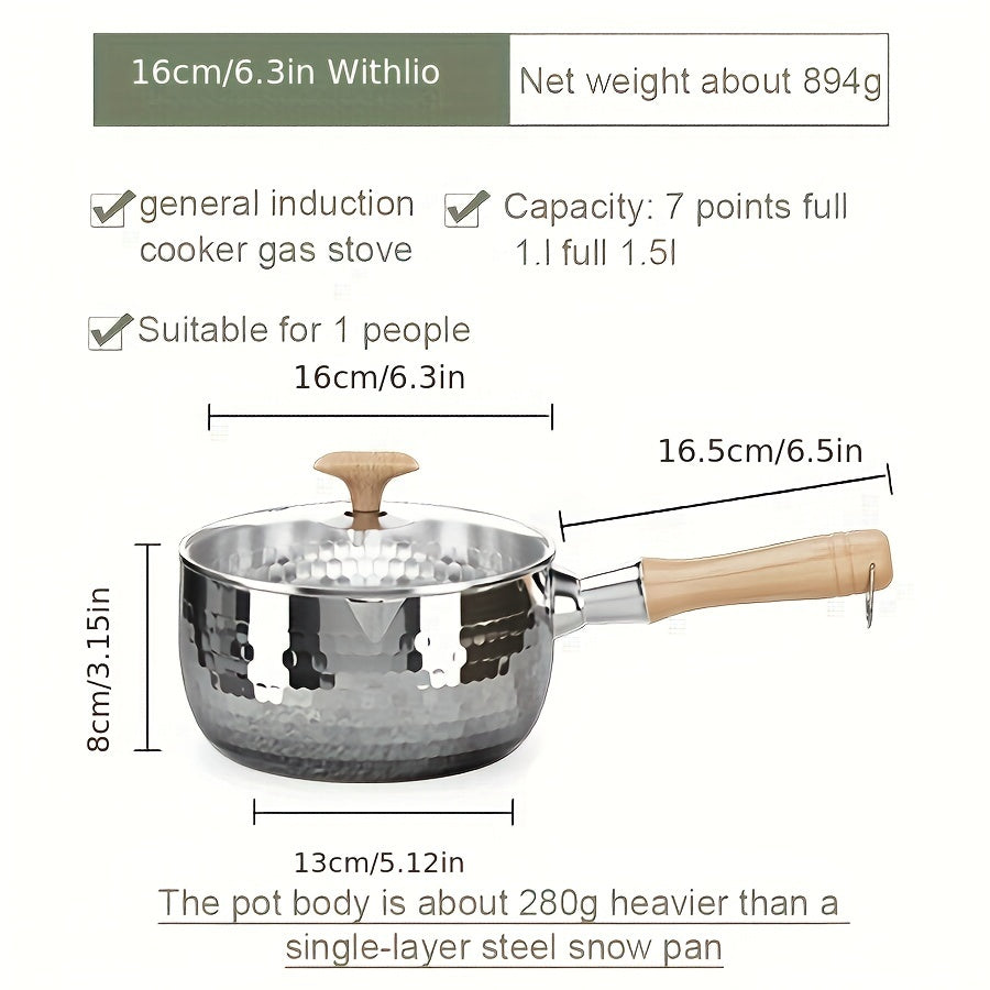 A small soup pot for home use without power supply made of 304 brushed finish stainless steel, featuring a wooden handle and induction compatibility