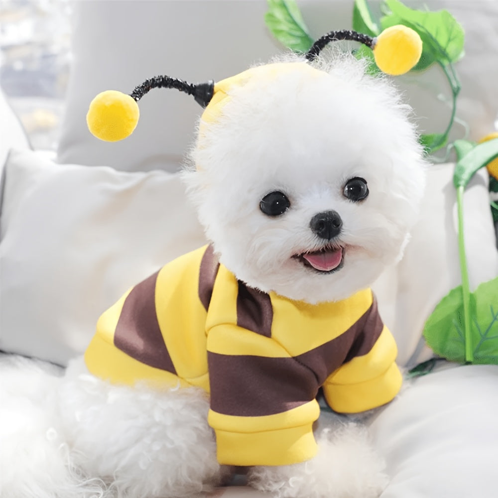 Bee costume hoodie for small to medium pets, suitable for cats and dogs under 8kg. Made from 100% polyester with a cute bee design.