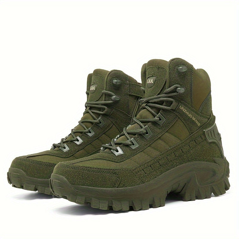 Men's tactical hiking footwear with back ankle support, non-slip, wear-resistant, mid-calf design suitable for all seasons in beige.