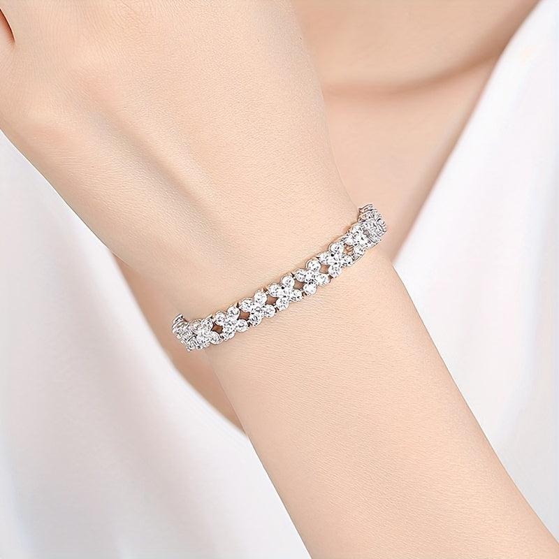 Elegant Luxury Style Copper Bracelet with Full Shiny Zirconia Inlay, Delicate Female Hand Jewelry