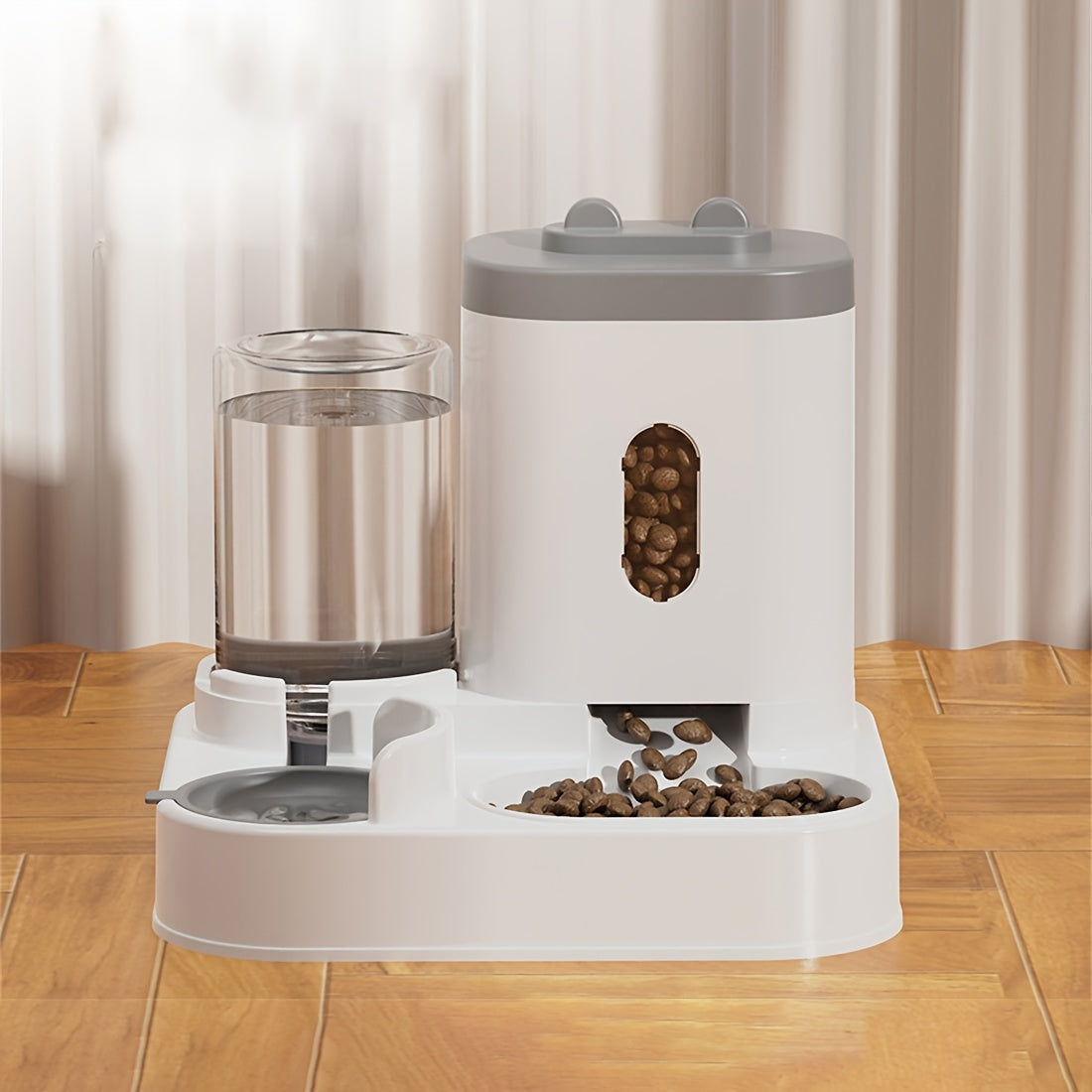 Dual bowl ergonomic cat feeder and water dispenser set made of plastic for cats, featuring automatic food and water feeding for neck-friendly use.