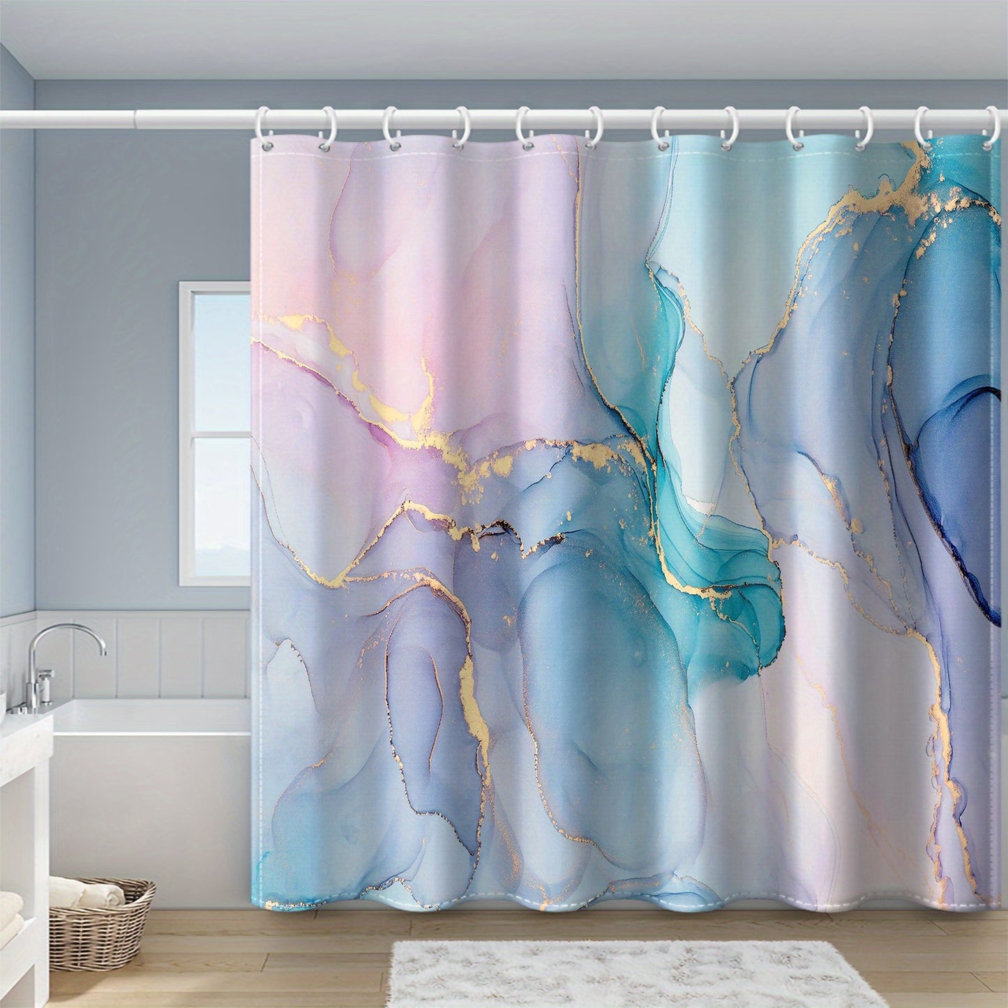 Dreamy marble gilded pattern bathroom window curtain with plastic hooks. Suitable for rooms, families, and hotels. Machine washable and waterproof.