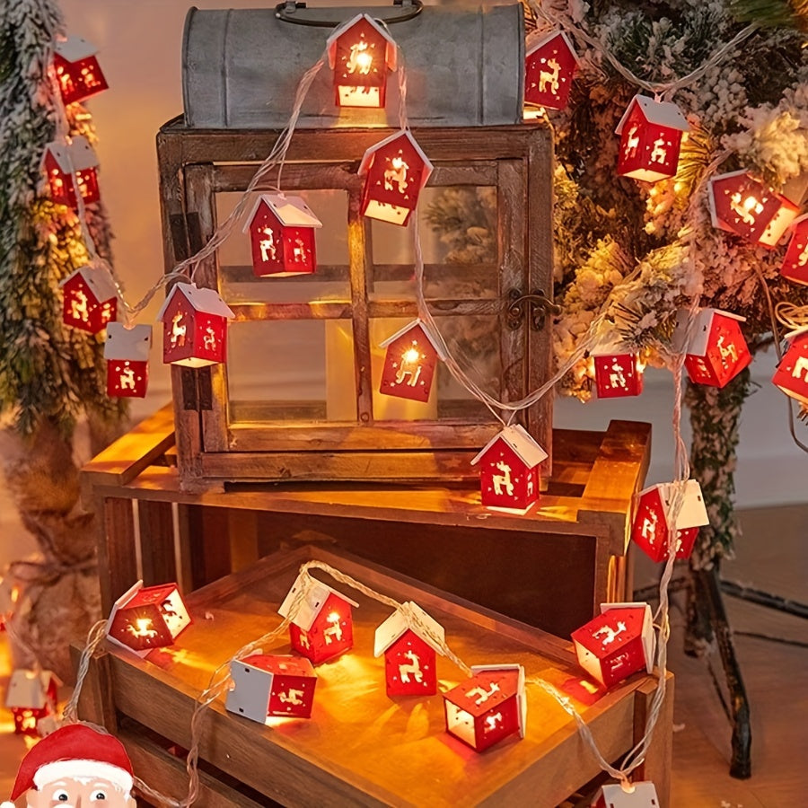 Wooden Reindeer House Fairy Tale String Lights, 2M 10-LED Red Christmas Garland, Battery Operated, Toggle Control Multi Light for Holiday Decor with LED Source.