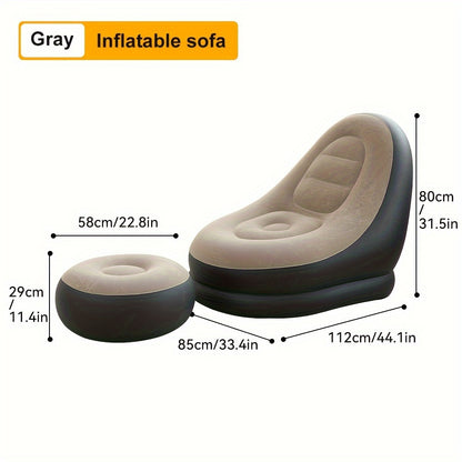 Inflatable Lazy Sofa with Footstool, Foldable, Includes Foot Pump - Ideal for Bedroom, Balcony, Office, Outdoor Travel, Camping, Gray