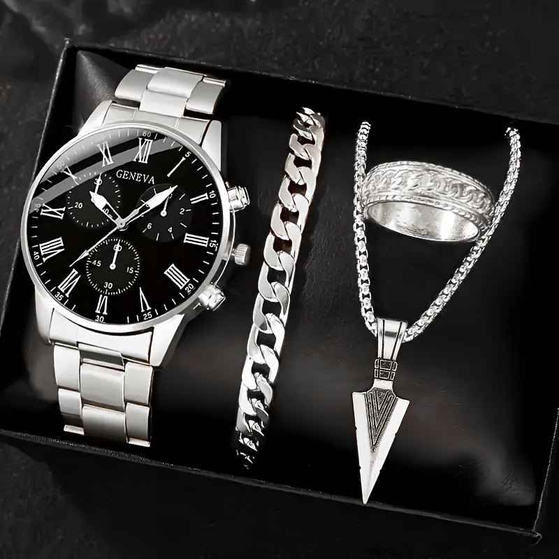 Men's 4-piece gift set includes a stainless steel watch, arrow necklace, bracelet, and ring, ideal for business casual attire.