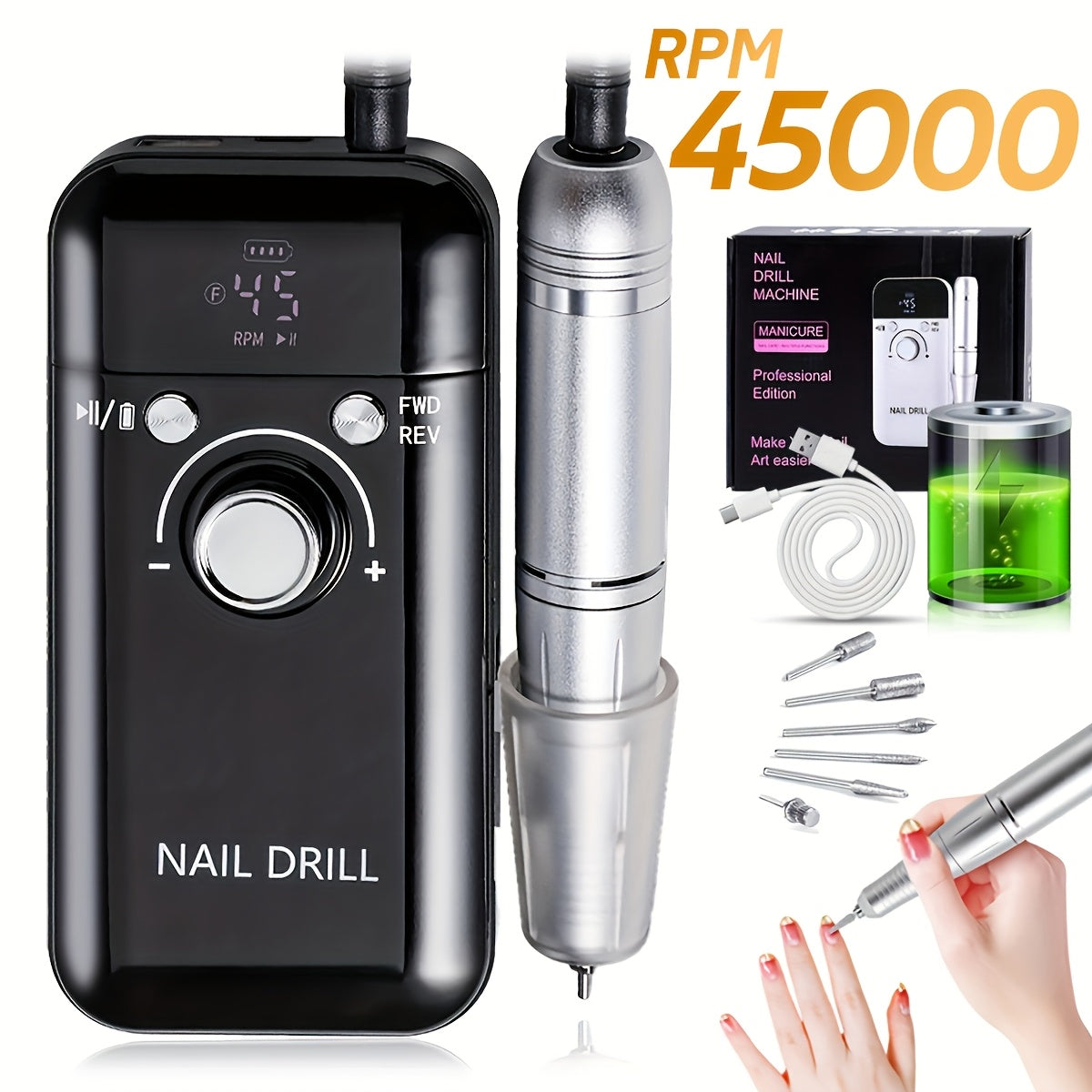 45000RPM Nail Polisher with Digital Display, Portable Wireless Gel and Nail Polish Polishing Machine for Manicure Salon.