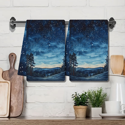 Set of 2 Ultra Plush Kitchen Towels with Starry Night Sky Design, Exceptionally Absorbent & Easy to Clean Dish Hand Towels, Size 40.64x60.96 cm - Ideal for Festive Decor and Drying Dishes