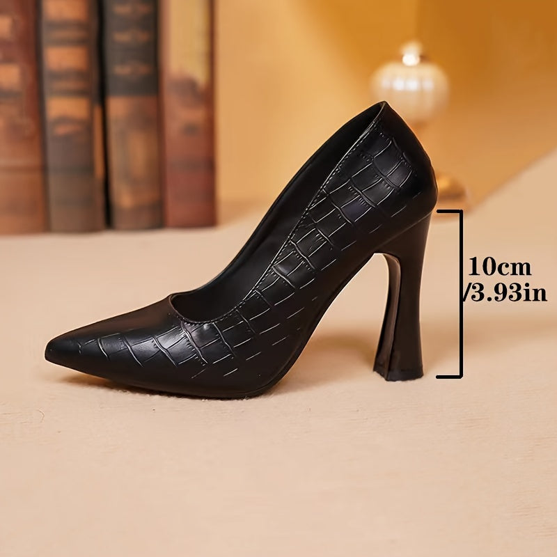 Stylish women's black pointed-toe high heels with crocodile texture and TPU sole for work or formal occasions.