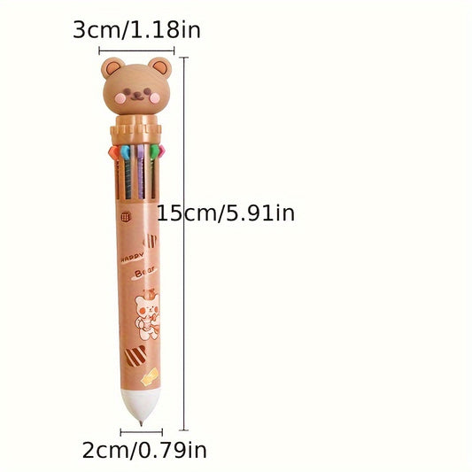 Little Bear 10-color round ballpoint pen for students, with cartoon design and press-type mechanism.