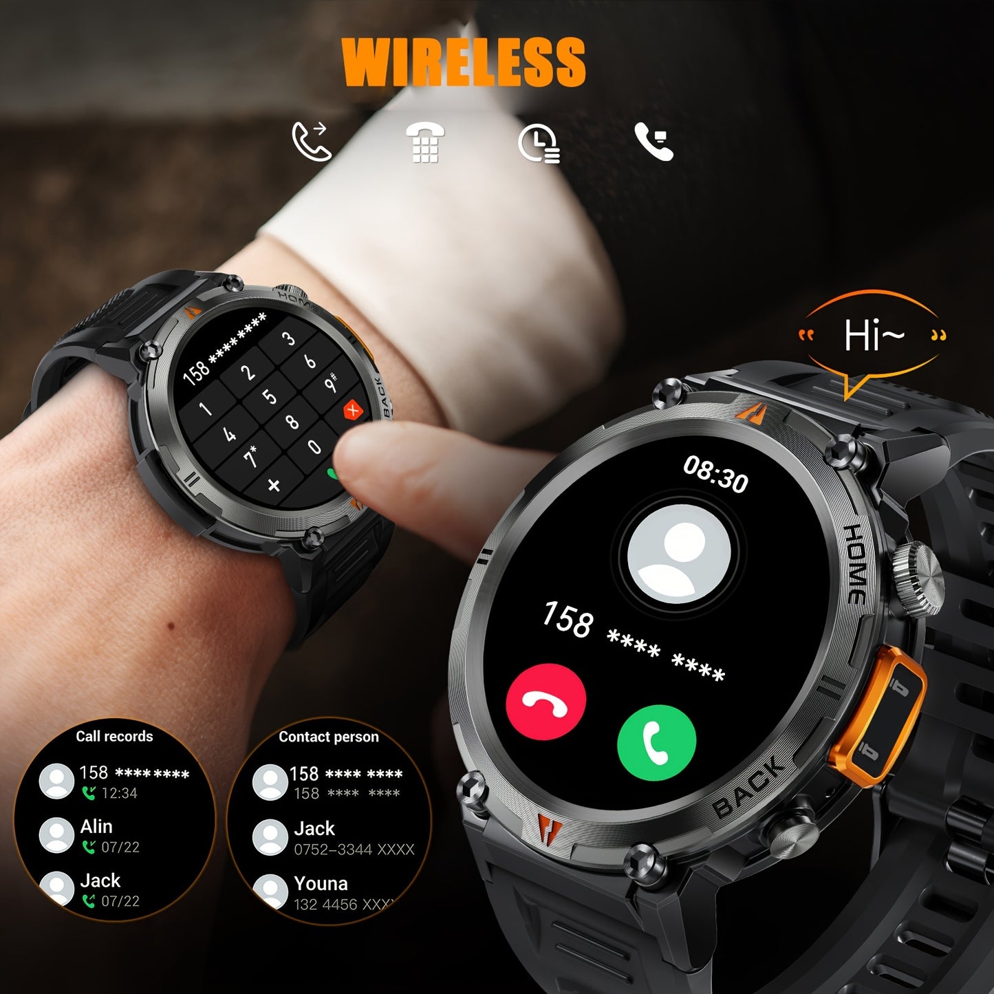 JELLOO Men's Smartwatch with TFT display, rechargeable battery, water resistance, sports modes, and compatibility with iPhone & Android - perfect gift for men.