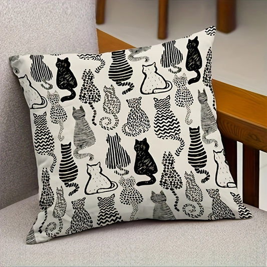 Reversible cat print throw pillow cover, 45.72x45.72 cm, zipper closure, machine washable, woven polyester - 1 piece for cozy home decor. Suitable for various room types.