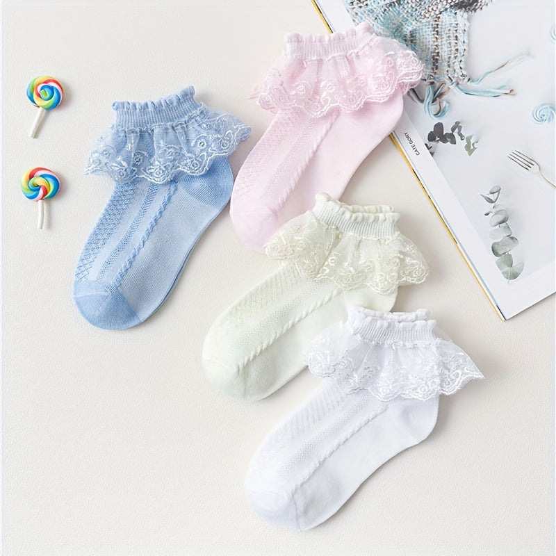 4 pairs of lace ruffle trim crew socks for girls, breathable and comfy princess dance socks.