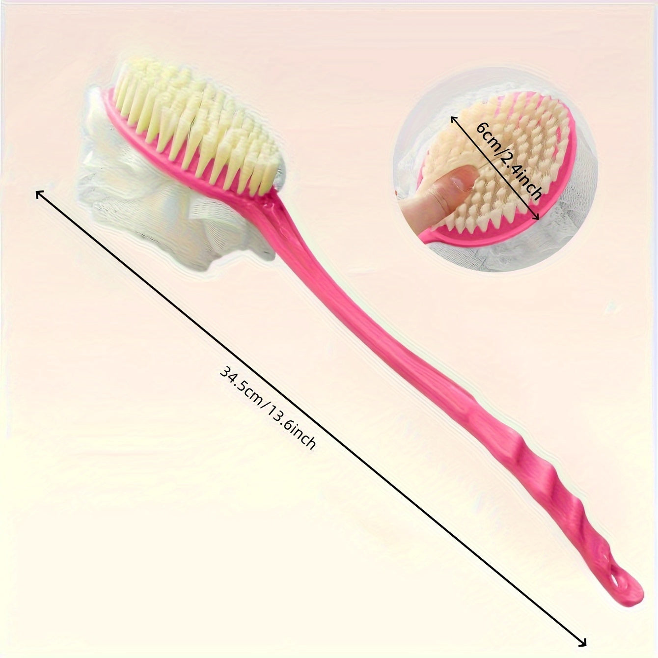 Dual colour exfoliating bath brush with long handle.