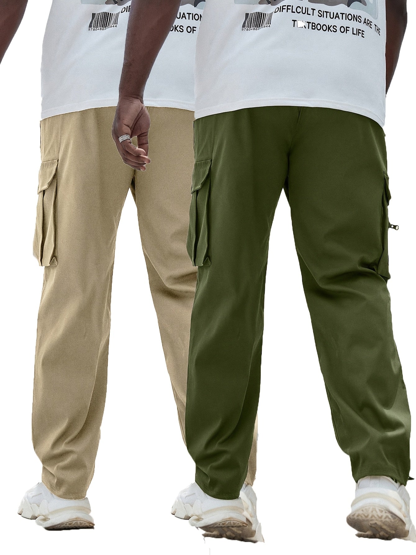 Set of 2 men's plus size cargo pants in solid color polyester with pockets, drawstring, and zipper details. Non-stretch woven for all-season wear.