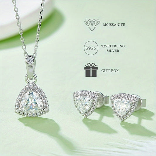 Sleek and sophisticated S925 silver-plated triangle pendant necklace and earring set adorned with sparkling moissanite gems. The perfect choice for an elegant party or birthday gift for teenage girls. Also ideal for holiday or party decorations, bridal