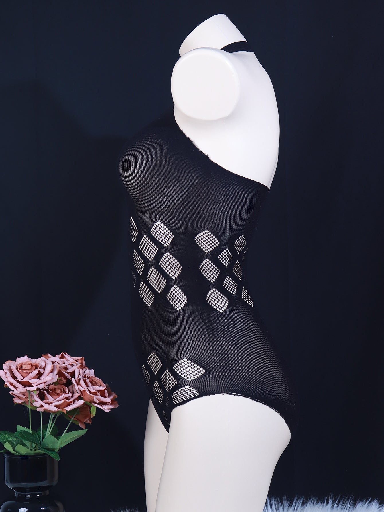 Sexy geometric-pattern knit bodysuit for women, high support, hollow detail, sleeveless diamond halter, adult size, no padding, polyamide fabric, intimate apparel.