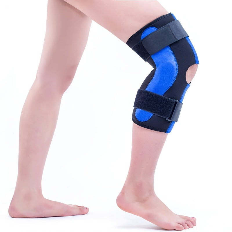 Adjustable hinged knee brace made of neoprene for support during sports and exercise, hand washable.