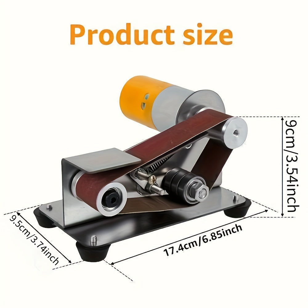 Mini electric belt sander and knife sharpener with 7-speed control, stainless steel body, includes abrasive belts and accessories. Durable construction for crafting and grinding tasks.