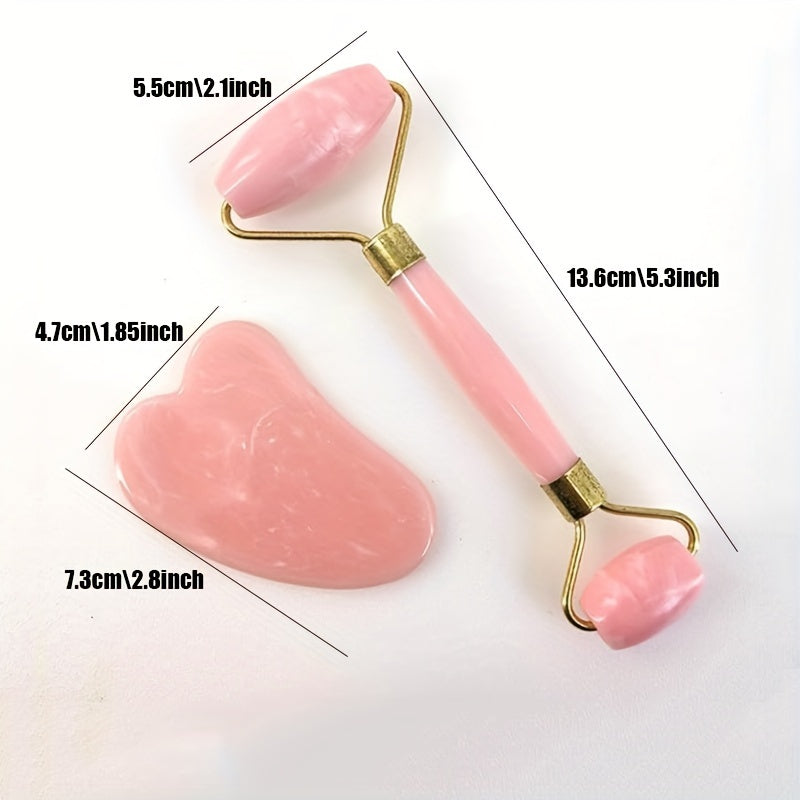 Set of 2 Rose Quartz Facial Rollers with Heart-Shaped Gua Sha Sticks for Manual Face & Eye Massage, No Battery Required