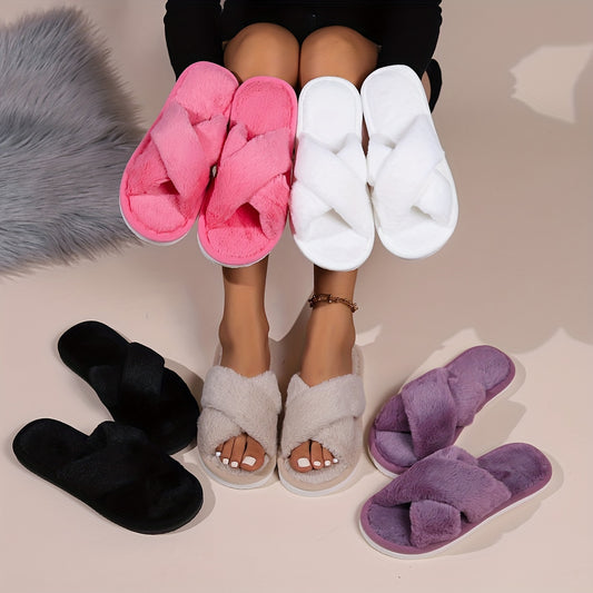 Soft fabric slippers with cross strap, open toe, thick sole, non-slip for indoor/outdoor wear in various colors. Features EVA material, hand washable for year-round comfort.