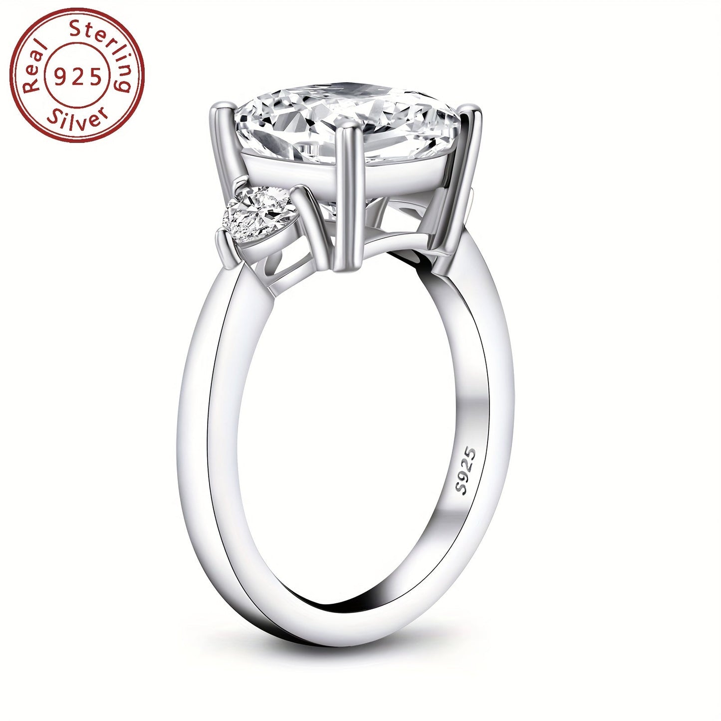 This stunning engagement ring features an elegant design with sparkling 3-stone synthetic cubic zirconia in square and triangle shapes. Made from 925 sterling silver with a high-polished finish, this ring is perfect for weddings and anniversaries. It