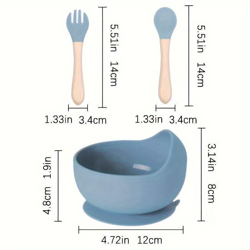 Set of 3 Food Grade Silicone Suction Bowls with Wooden Handle Spoon and Fork - Portable and Non-slip Tableware, Perfect for Halloween and Thanksgiving Day Gifts.