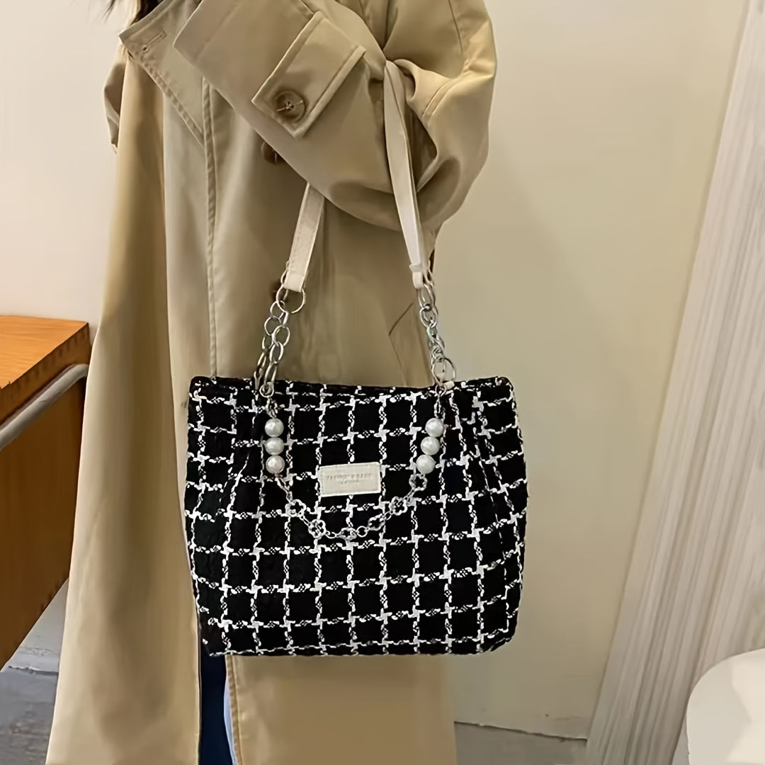 Plaid bucket bag with faux pearl chain, elegant shoulder bag for women.