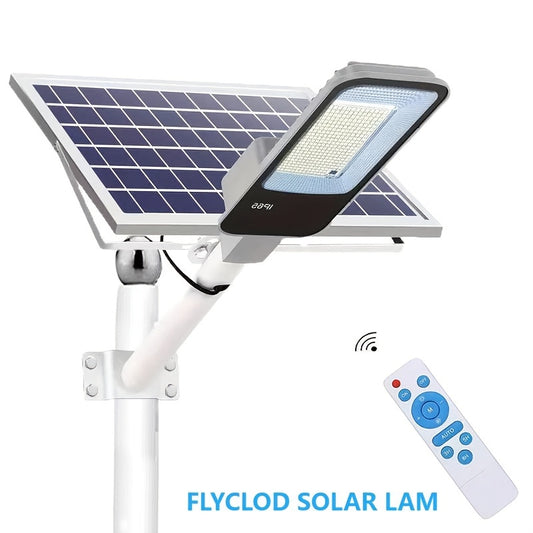 Solar street light and wall light with remote control, 6000mAh battery, smart light sensor, automatic switching, 252 high brightness LEDs. Ideal for outdoor spaces.