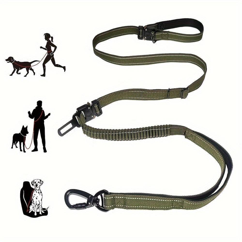 6-in-1 Hands-Free Dog Leash for Medium to Large Dogs - 3.05m, Striped Polyester, Full Metal Fittings, Safety Car Seat Belt, Shock Absorbing Bungee