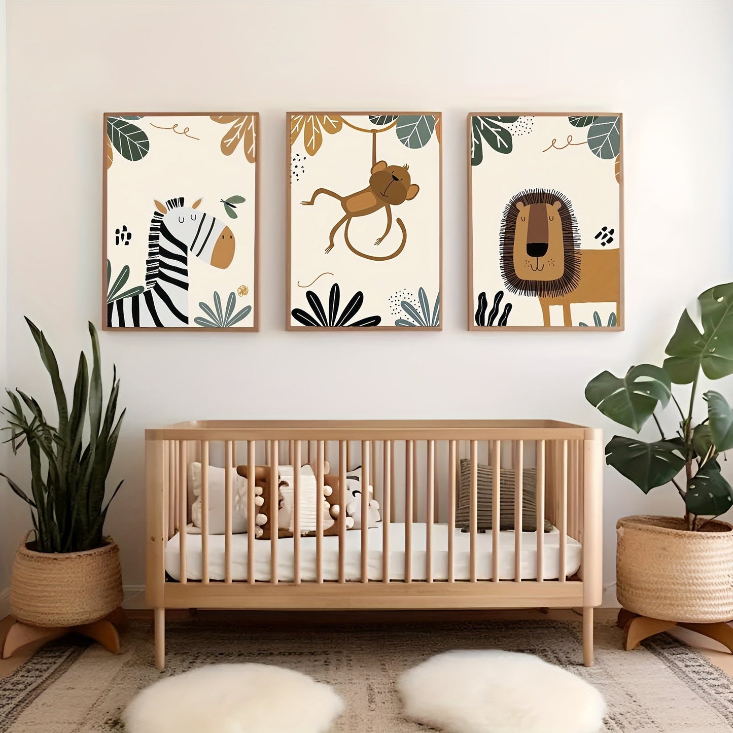 Bohemian Safari Animal Wall Art Prints Set featuring Lion, Monkey, and Zebra - 3 pieces, Frameless, Reusable, Made from Plant Materials, Perfect for Children's Bedroom & Nursery Decor, Canvas Posters for Home Living Space, Suitable for Ages 14 and Up.