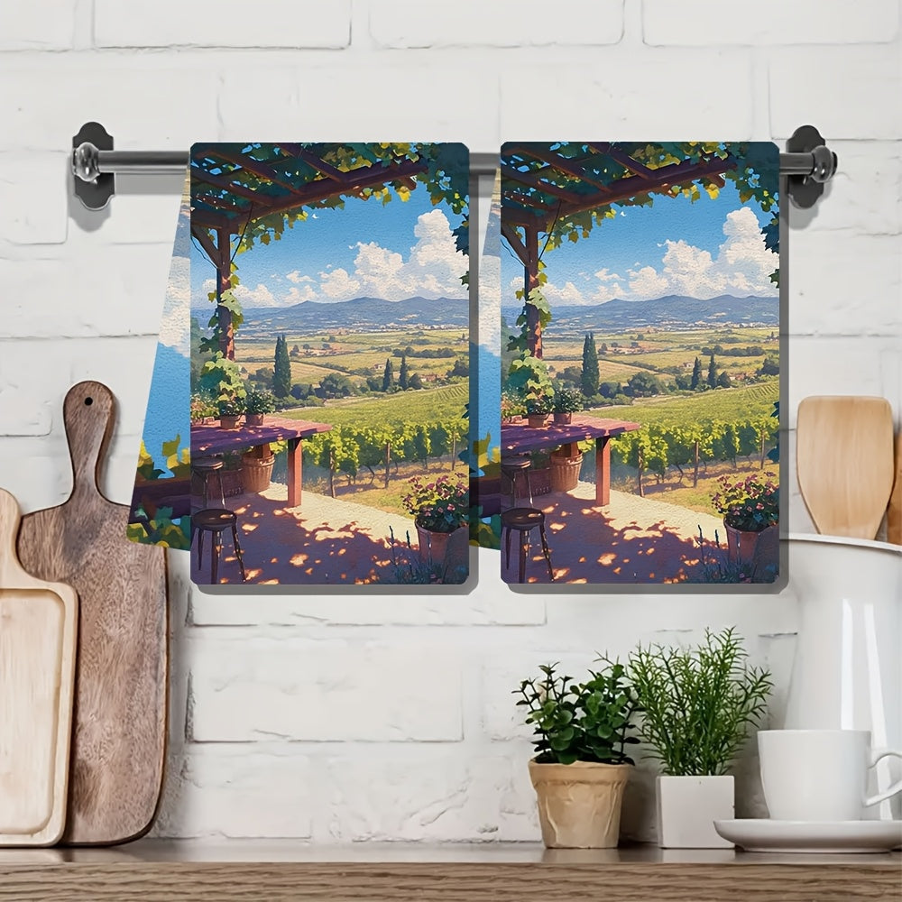 2-pack of plush kitchen towels, perfect for a day of wine tasting at a nearby vineyard. These ultra-soft and highly absorbent dish towels are ideal for adding a festive touch to your kitchen decor. Machine washable and measuring 16x24 inches each. Item