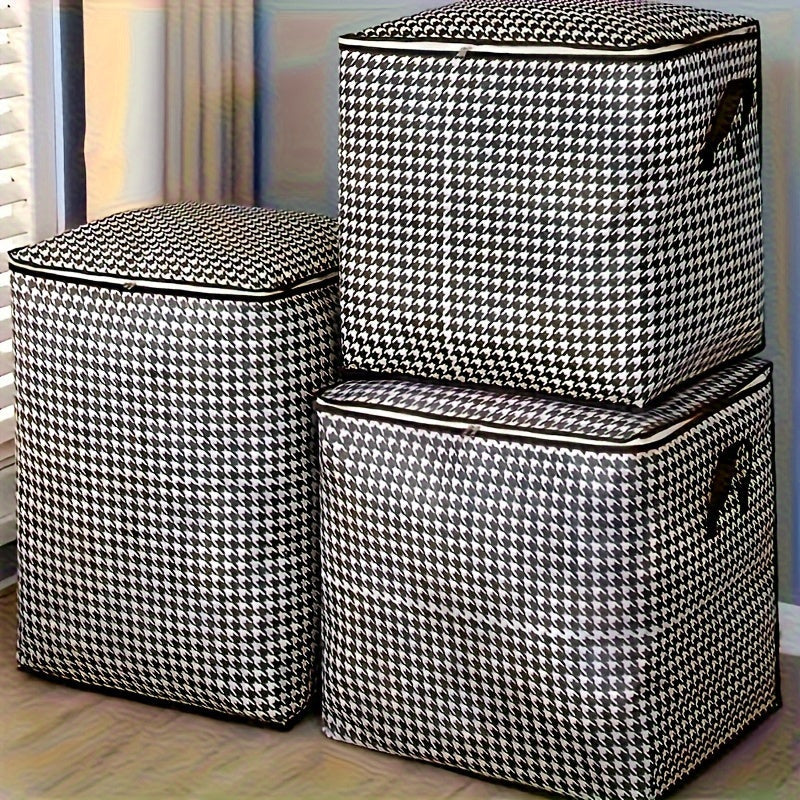 Set of 3 Modern Houndstooth Large Storage Bins with a Capacity of 180.0 L. These multipurpose thick fabric organizer boxes are dustproof and moisture-resistant, featuring dual zippers and handles for easy transportation. Perfect for storing home