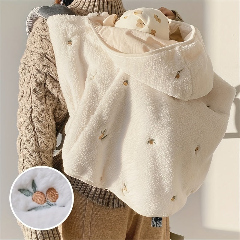 Children's hooded cape with outer coral velvet and inner linen, featuring a thickened design for windproof protection. This high-end cloak includes an embroidered pattern, perfect for keeping your baby warm and stylish during outings.