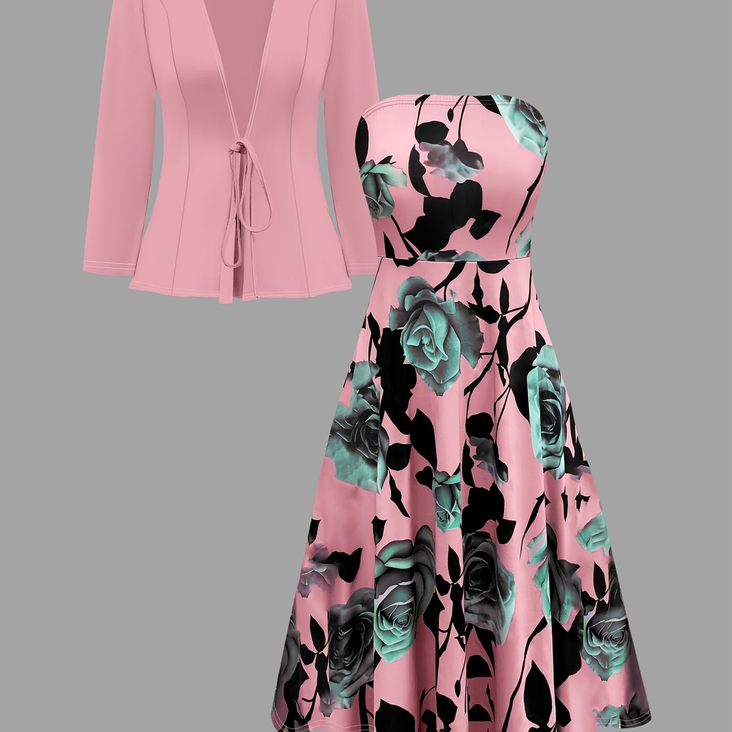 Women's elegant 2-piece set: small cardigan with lace-up detail + rose flower dress