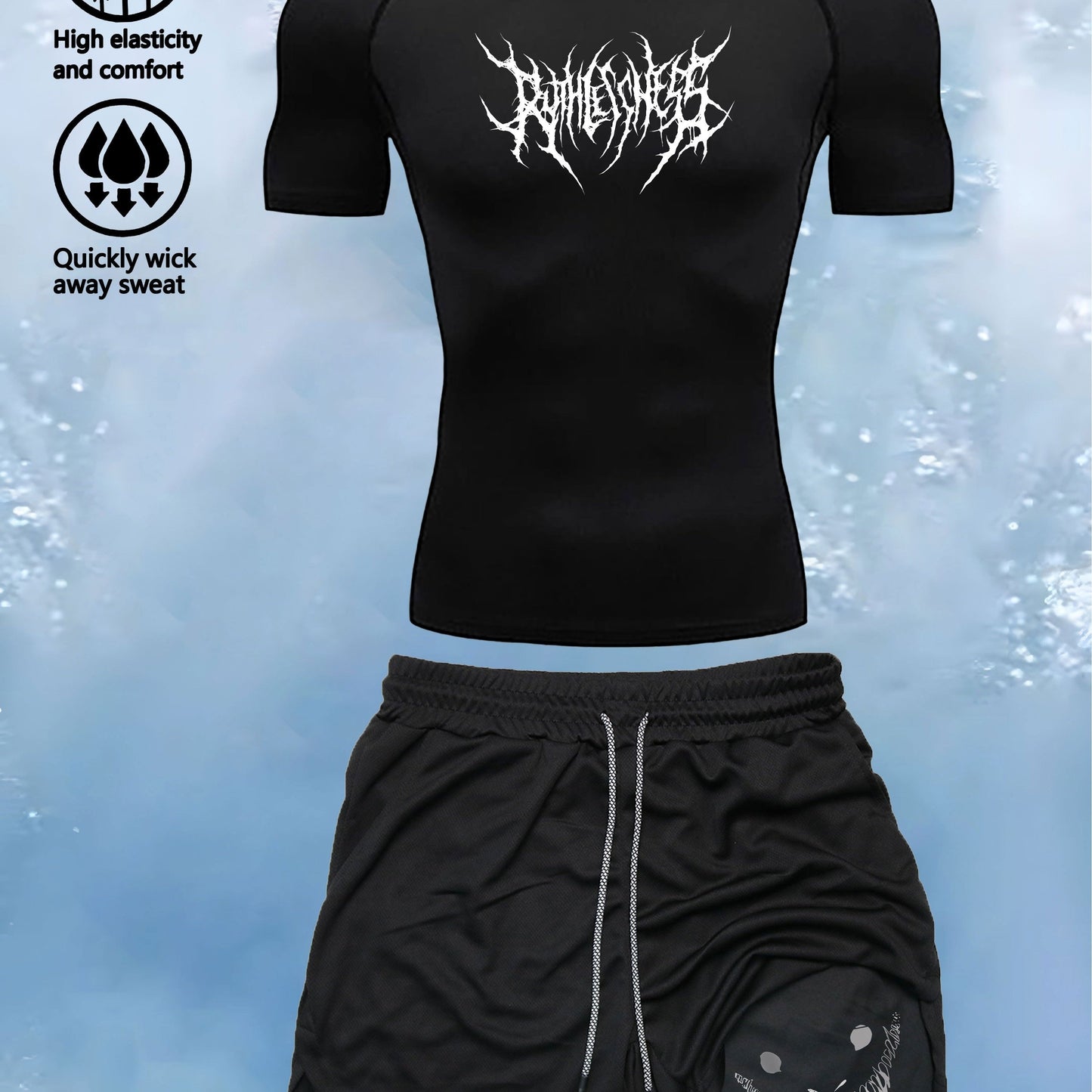 Men's athletic set with high-stretch tee and thorns print, paired with double-layer shorts for gym, running, and fitness.