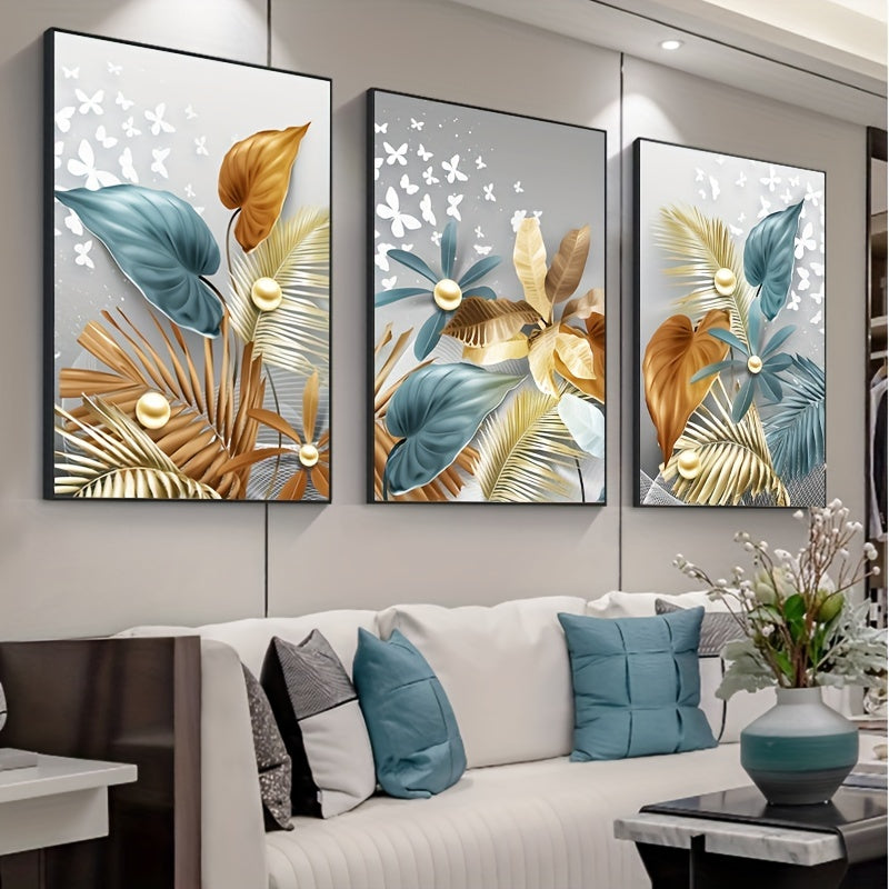 Set of 3 frameless modern golden butterfly leaves canvas paintings for living room decor, size 15.7*23.6in/40cm*60cm