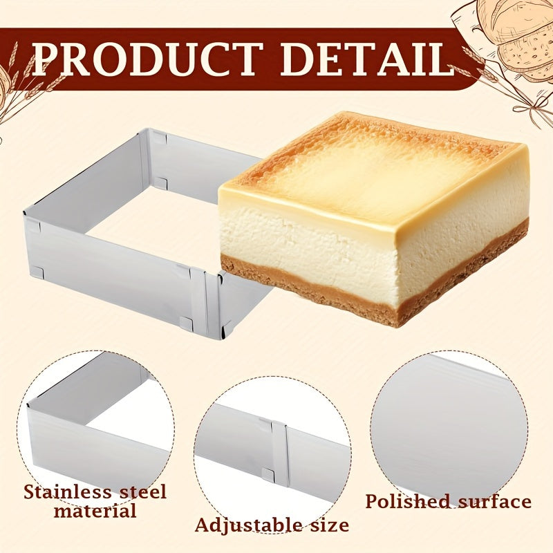 Adjustable, scalable stainless steel rectangular mousse cake mold, suitable for baking birthday cakes, tiramisu, bread, and pastries. Measures 27.94cm to 53.34cm. Perfect for all your baking needs.