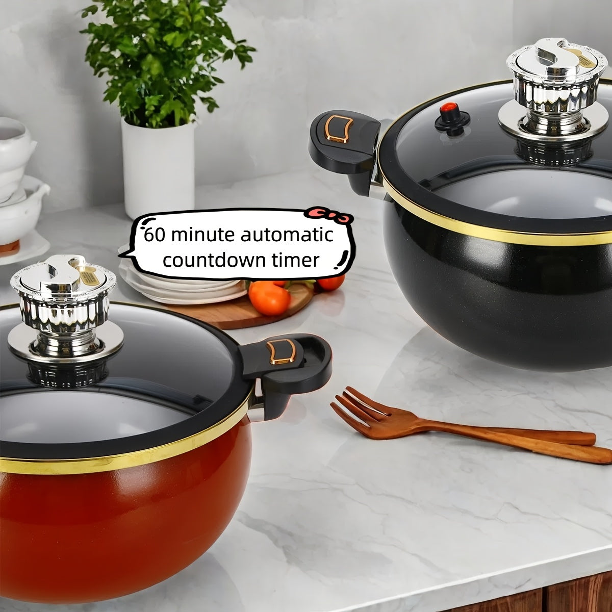 Premium Enamel Pressure Cooker features an elegant black and red design with golden accents, has a 236.73oz capacity. It comes with an automatic 60-minute countdown lid and is sealed for efficient stewing. Compatible with various stovetops.