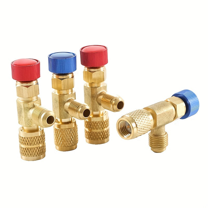 Refrigeration charging adapter for R410A and R22 air conditioning systems, compatible with 1/4" liquid safety valve hose and R22 copper adapter. Essential hand tool parts for maintenance, including refrigerant vacuum switch and R22 detection tool.