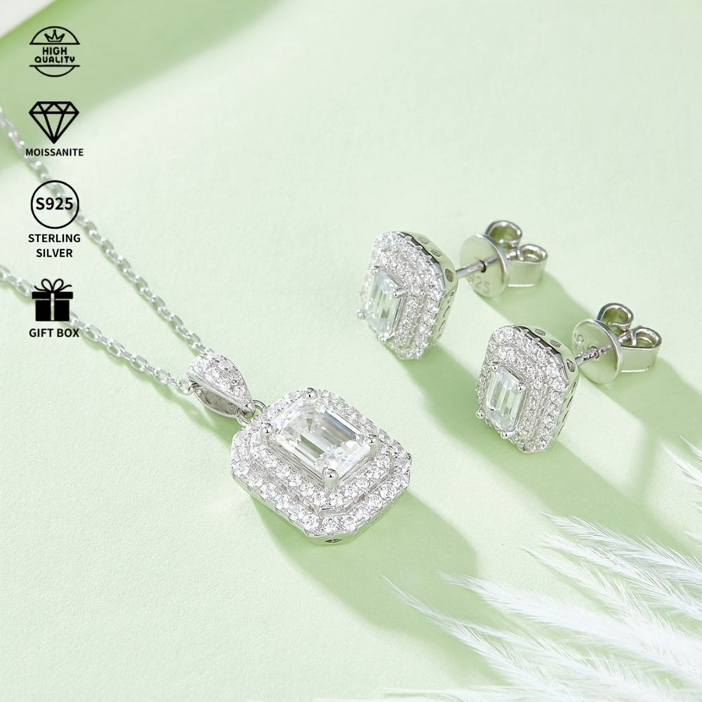 This elegant Moissanite jewelry set features a high-quality S925 silvery inlay. The set includes a necklace and earrings, with the necklace weighing approximately 3.23g and the pendant featuring a stunning 1.0ct main stone. The earrings are approximately