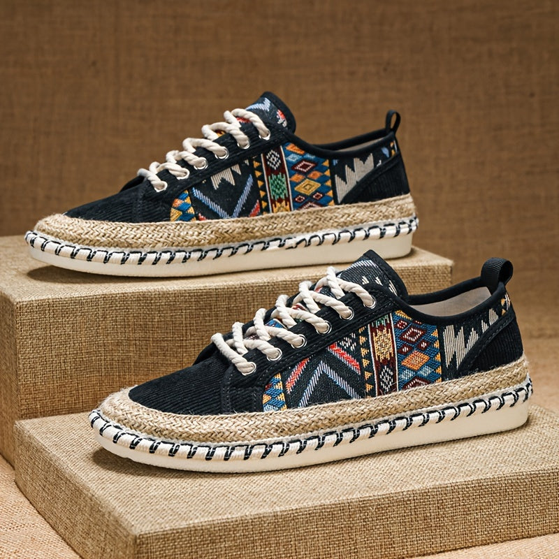 Trendy tribal sneakers with lace-up design, lightweight espadrilles, durable non-slip sole, breathable summer shoes for women.