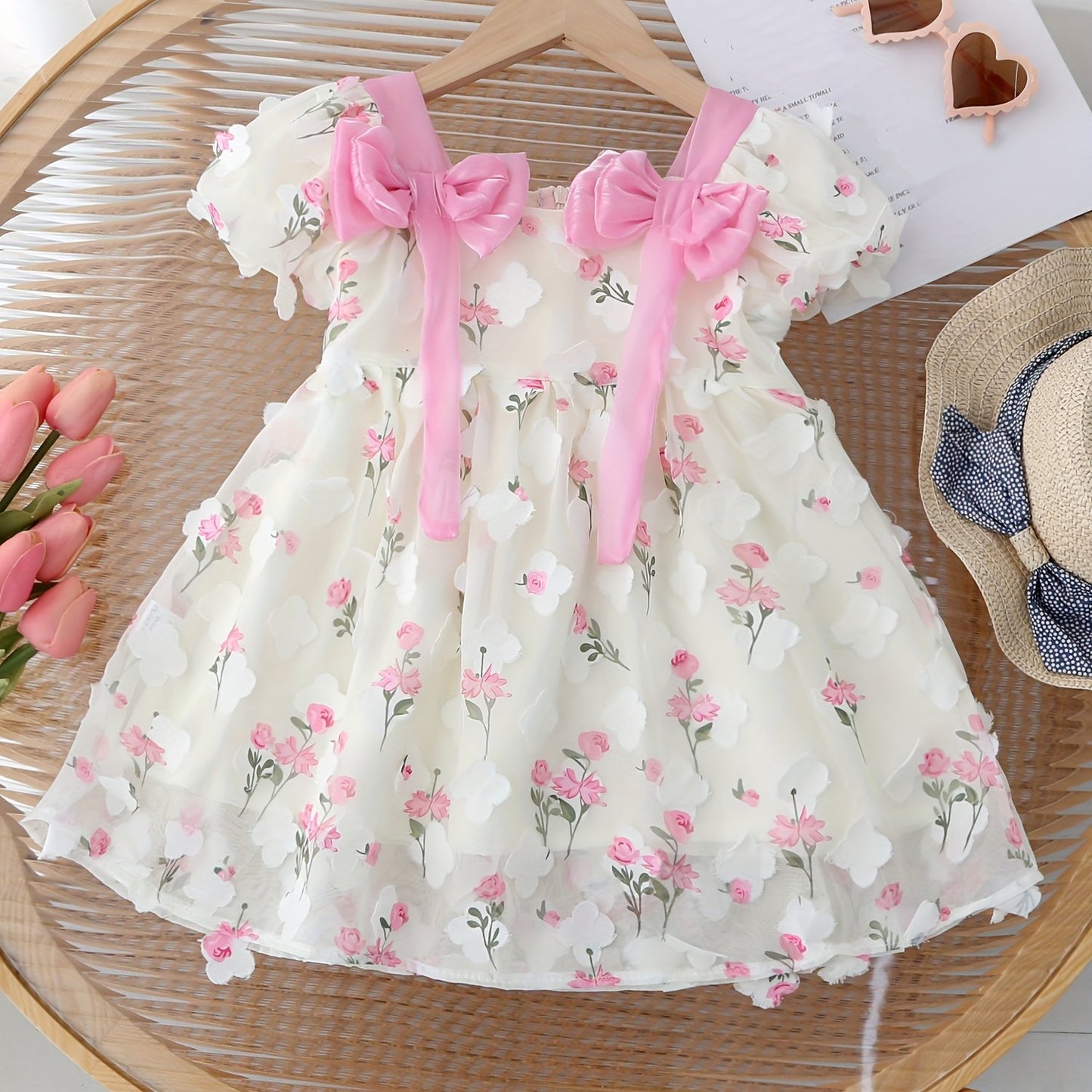 Girls 3D Flower Princess dress with short puff sleeves and bowknot detail for summer birthdays.