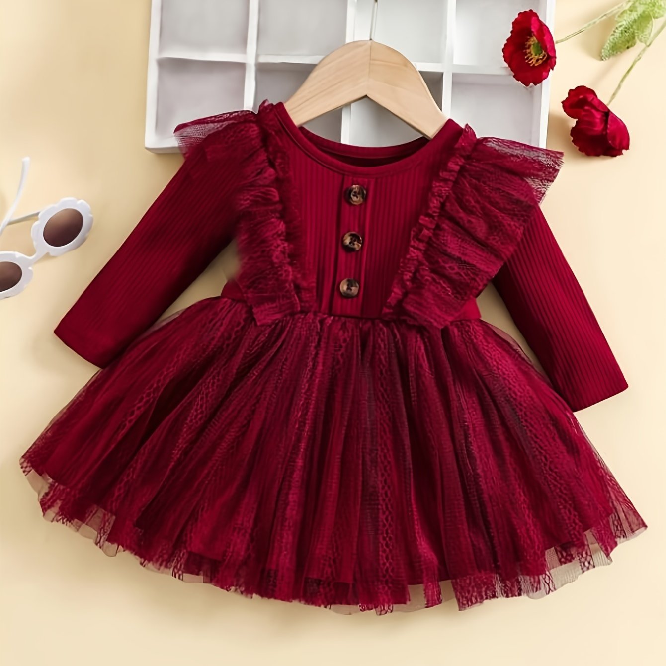 Stylish girl's dress with ruffle trim & mesh detail, ideal for Spring/Fall. Made from stretchy polyester blend.