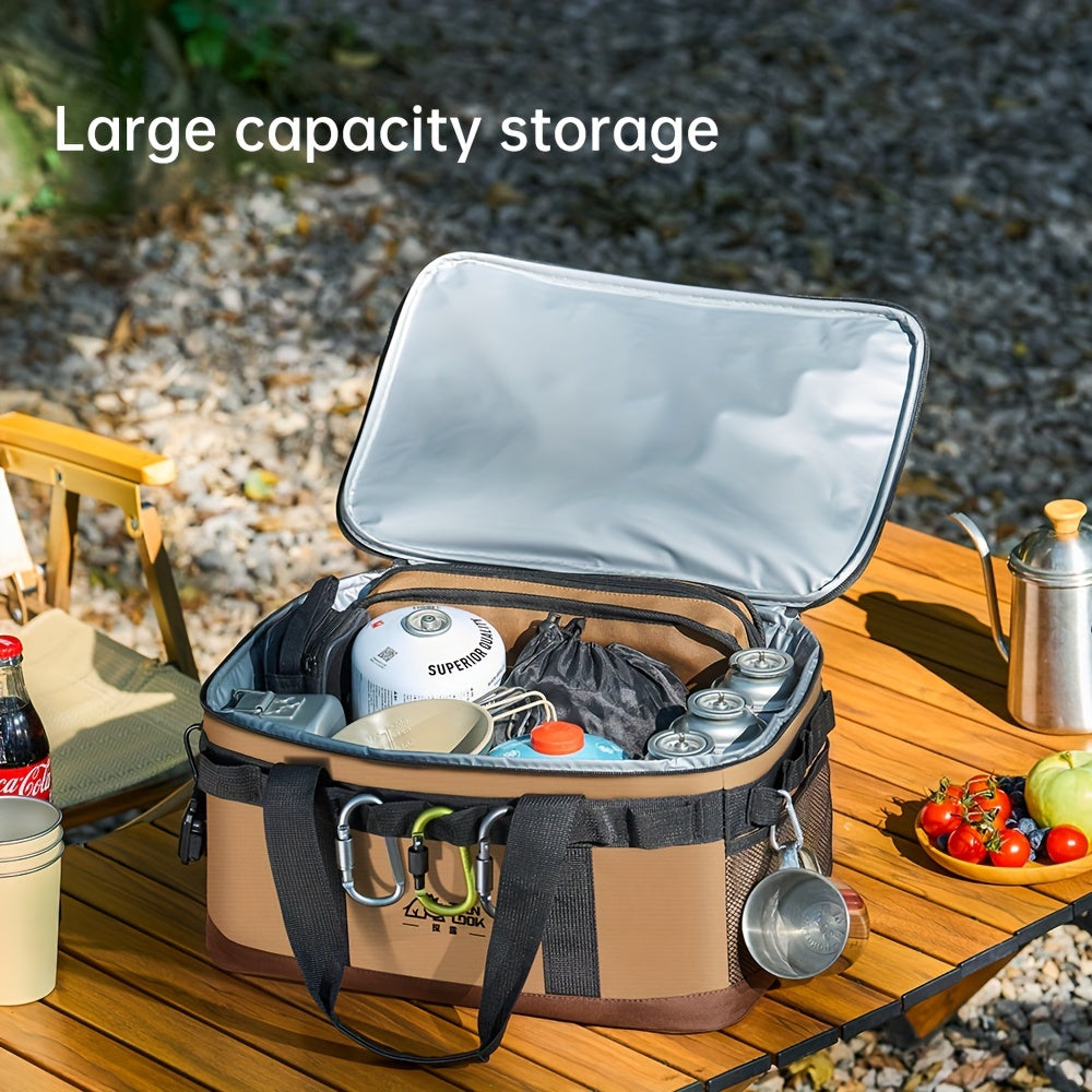 Large capacity polyester cooler bag with dual color options, carry handles, and carabiner hook for outdoor activities.