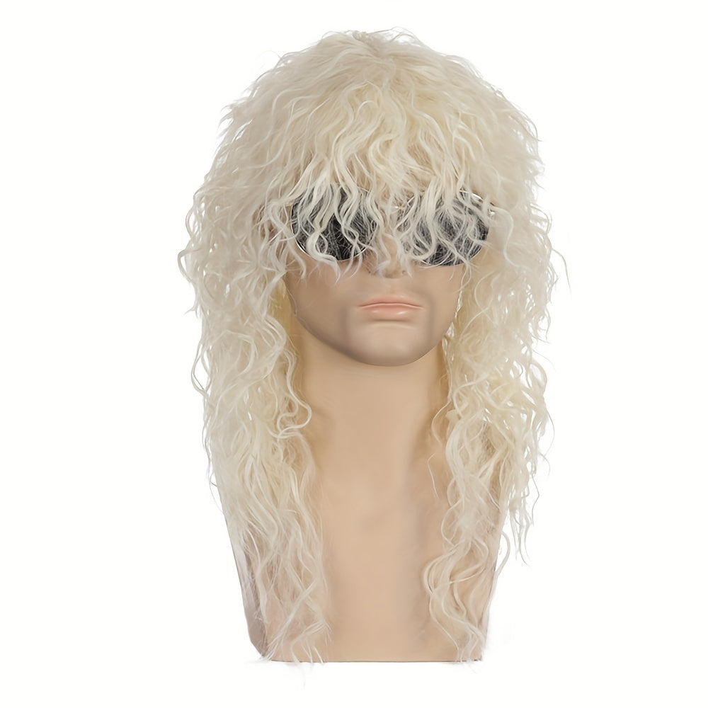 Long curly hair rock and roll wig, paired with a punk costume featuring a hint of golden wig - the ideal 80s Halloween look.