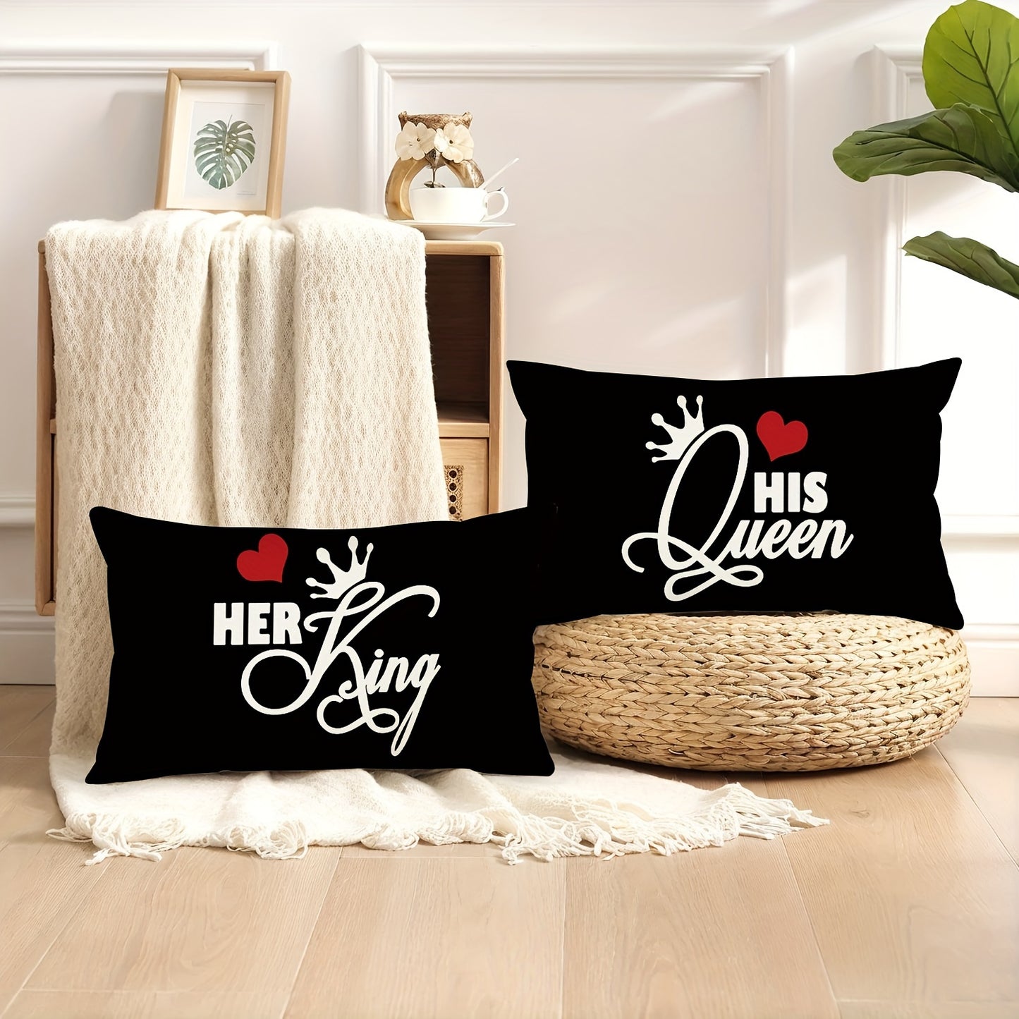 2pcs Lovers Theme Throw Pillow Covers featuring Hearts and Crowns print, 45.72cm x 45.72cm. Ideal gifts for wedding anniversary home decor. Suitable for porch, patio, couch, sofa, living room, or outdoor use. Pillow inserts not included.