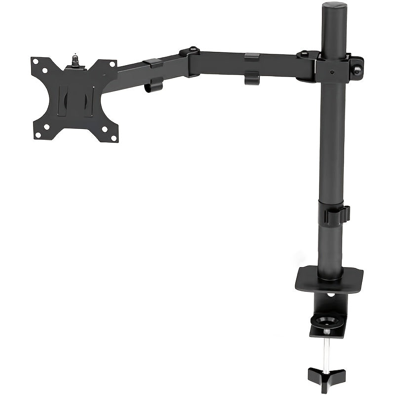 Adjustable dual-monitor desktop stand with clamp design and iron construction for office use.