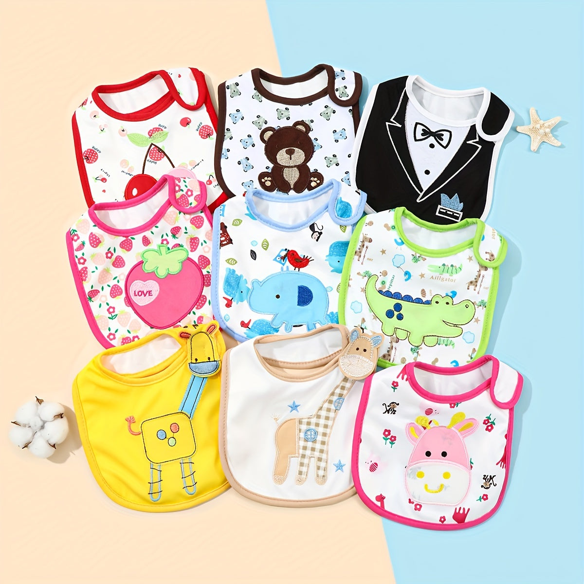 Set of 5 waterproof drool bibs for infants and toddlers aged 0-3 years, made of cotton with a hook & loop closure. Features playful designs suitable for both boys and girls, perfect for drooling and teething.