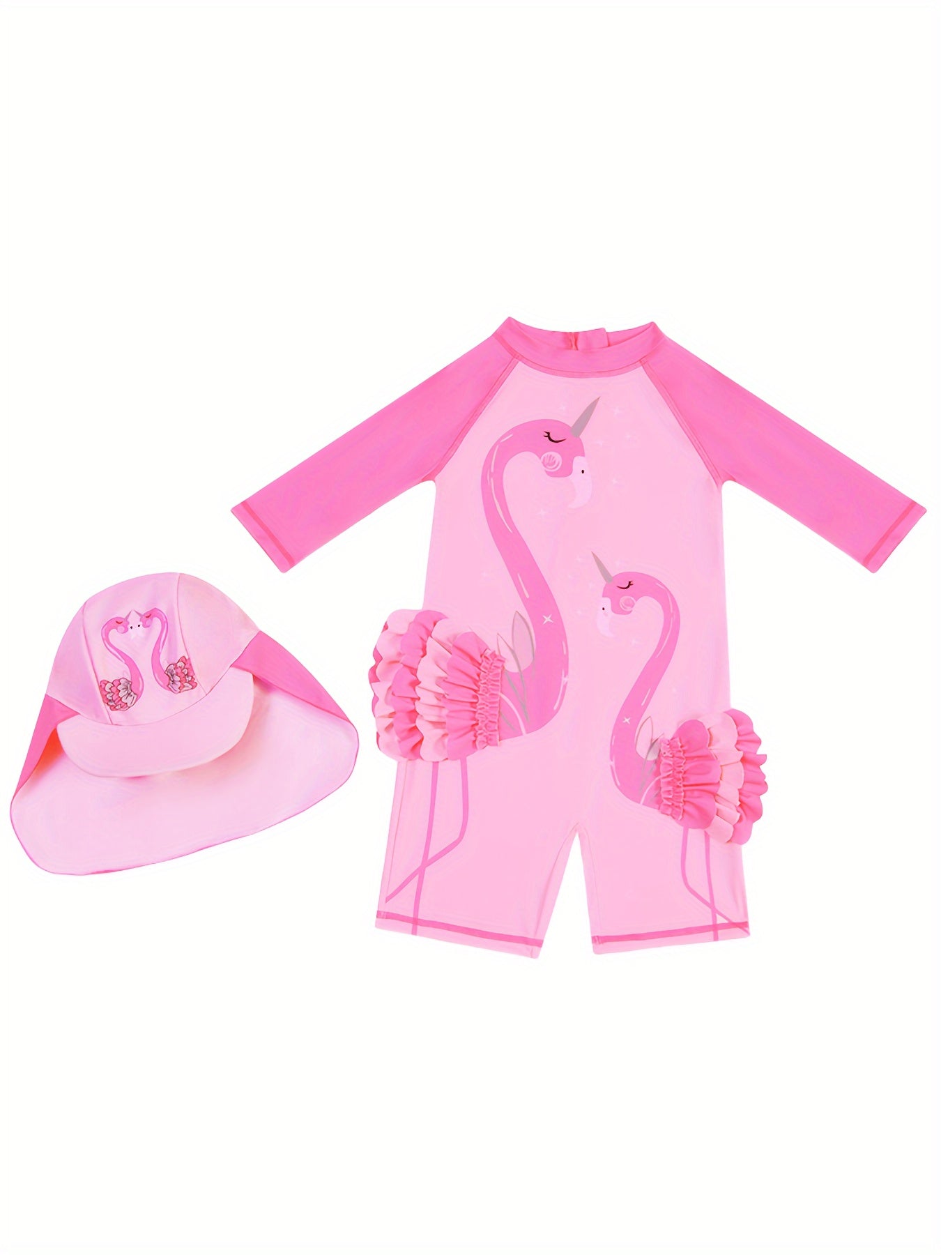 Children's pink flamingo one-piece swimsuit with sun protection, quick-dry polyester blend, high stretch fabric, perfect for ages 12 and under.